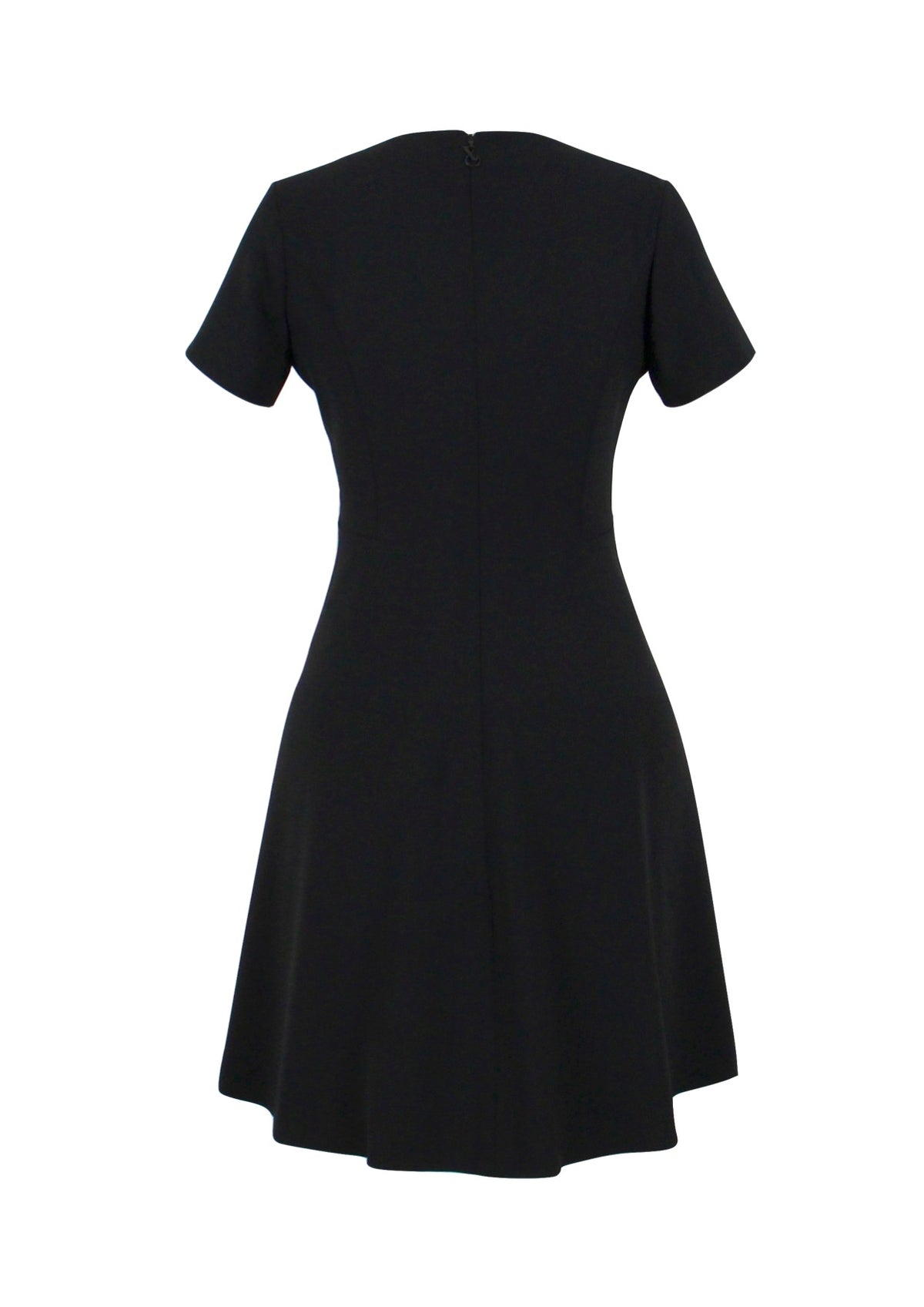 Schwarzes A-Linien-Kleid mit kurzen Ärmeln und knielangem Rock sowie einem Nahtverdeckten Reißverschluss am Rücken.