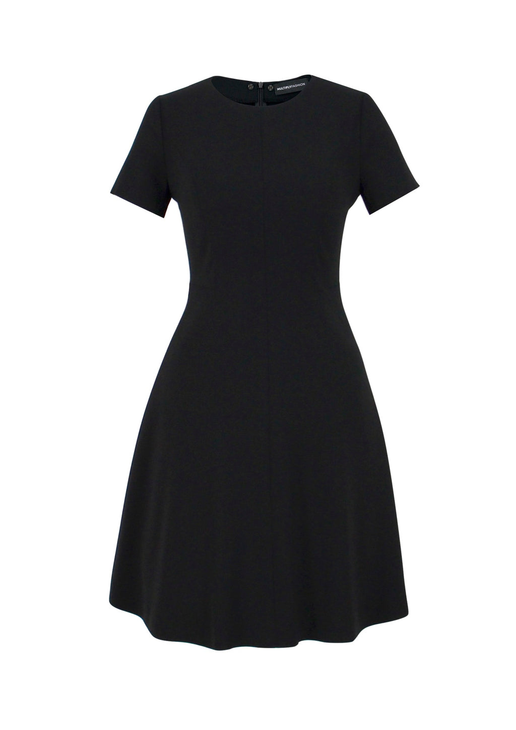 Schwarzes Multiplyfashion A-Linien-Kleid mit kurzen Ärmeln, Wiener Naht und ausgestelltem Rock aus hochwertigem Viskose-Mischgewebe.