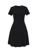 Schwarzes Multiplyfashion A-Linien-Kleid mit kurzen Ärmeln, Wiener Naht und ausgestelltem Rock aus hochwertigem Viskose-Mischgewebe.