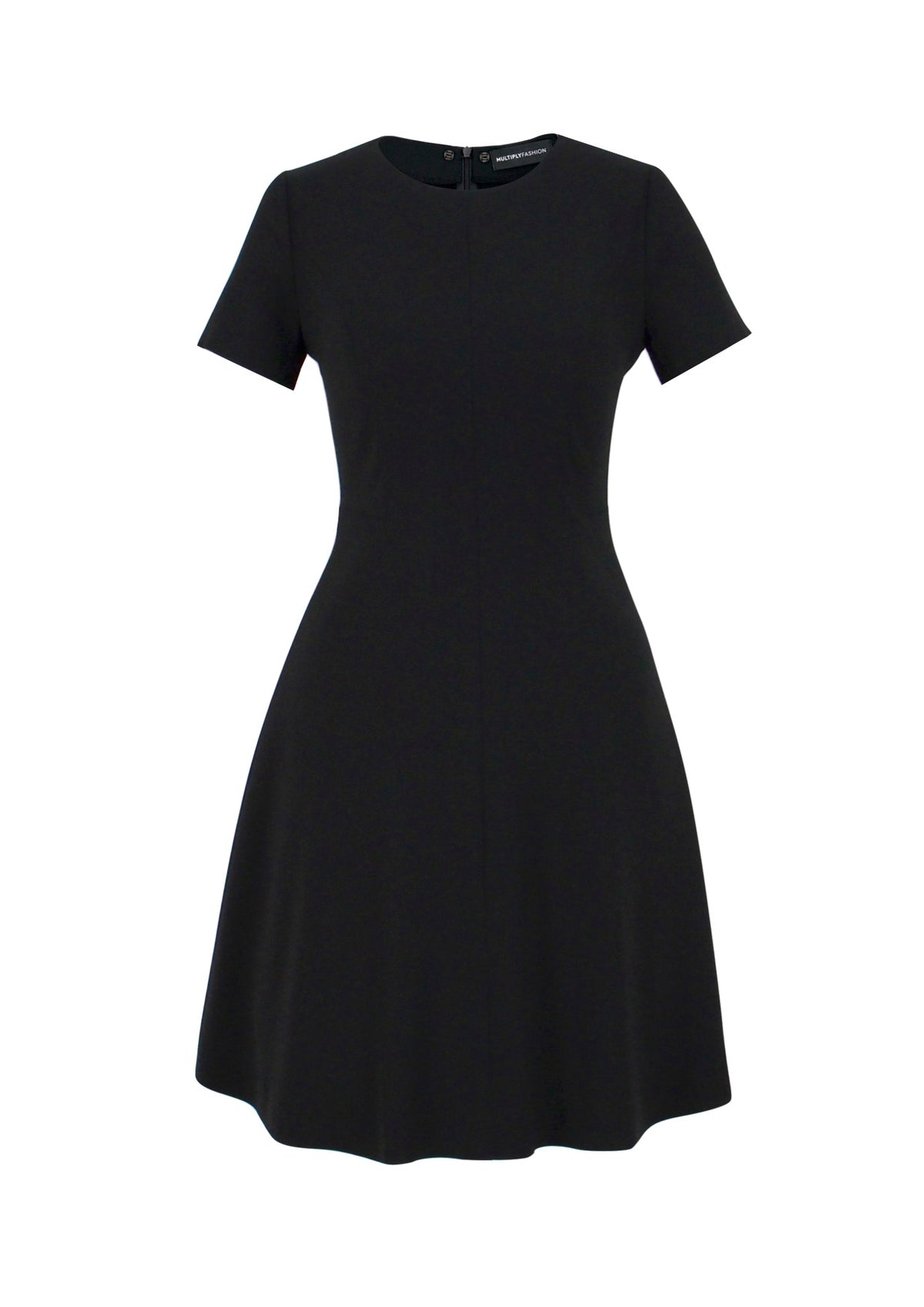 Schwarzes Multiplyfashion A-Linien-Kleid mit kurzen Ärmeln, Wiener Naht und ausgestelltem Rock aus hochwertigem Viskose-Mischgewebe.