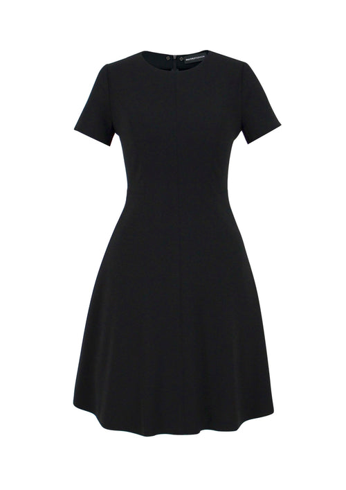 Schwarzes Multiplyfashion A-Linien-Kleid mit kurzen Ärmeln, Wiener Naht und ausgestelltem Rock aus hochwertigem Viskose-Mischgewebe.