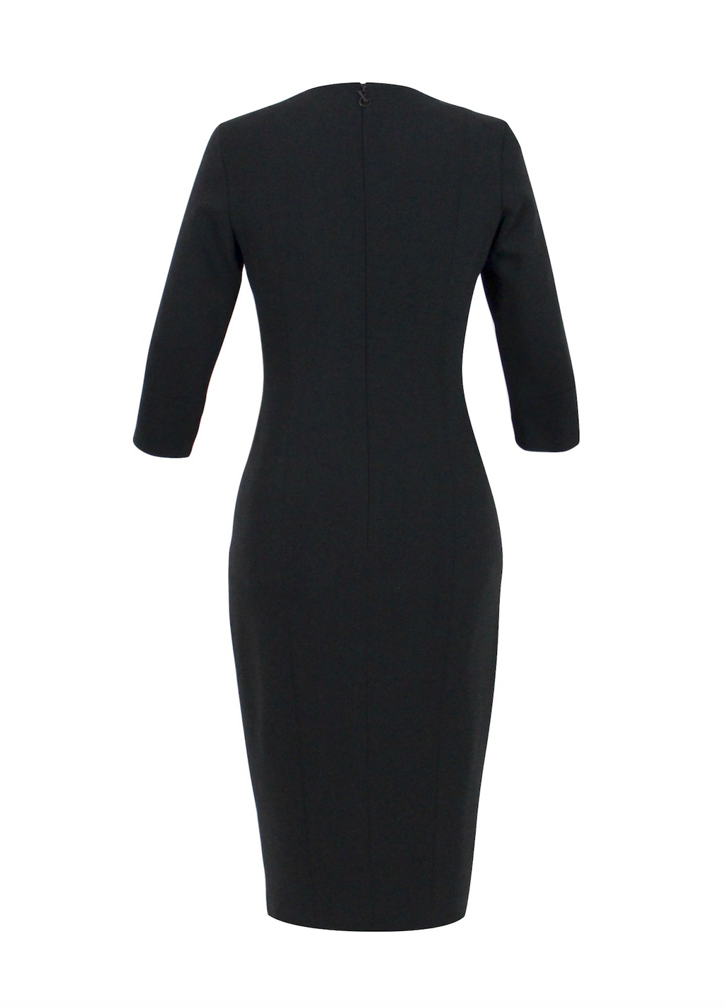 Schwarzes  Multiplyfashion Bleistiftkleid mit schmalem 3/4 Ärmel aus Viskose-Mischgewebe mit einem etwas über dem Knie endenden Saum und verdecktem Reißverschluss am Rücken.