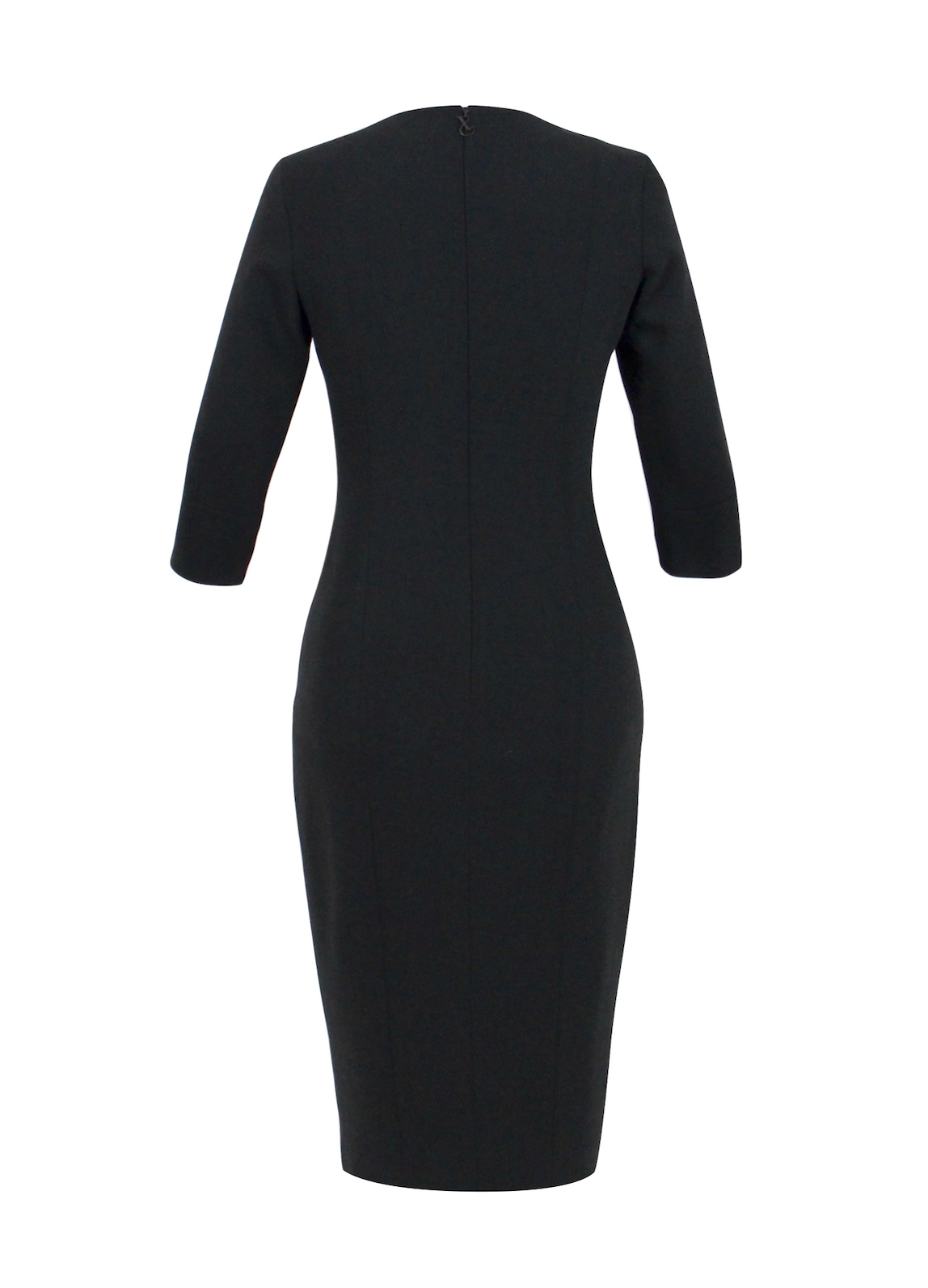 Schwarzes  Multiplyfashion Bleistiftkleid mit schmalem 3/4 Ärmel aus Viskose-Mischgewebe mit einem etwas über dem Knie endenden Saum und verdecktem Reißverschluss am Rücken.