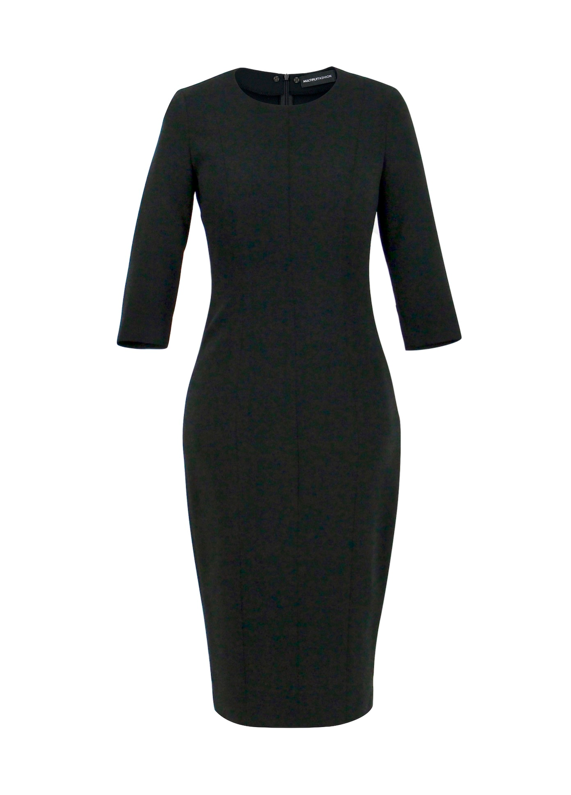 Schwarzes  Multiplyfashion Bleistiftkleid mit schmalem 3/4 Ärmel aus Viskose-Mischgewebe mit einem etwas über dem Knie endenden Saum und Rundhalsausschnitt.