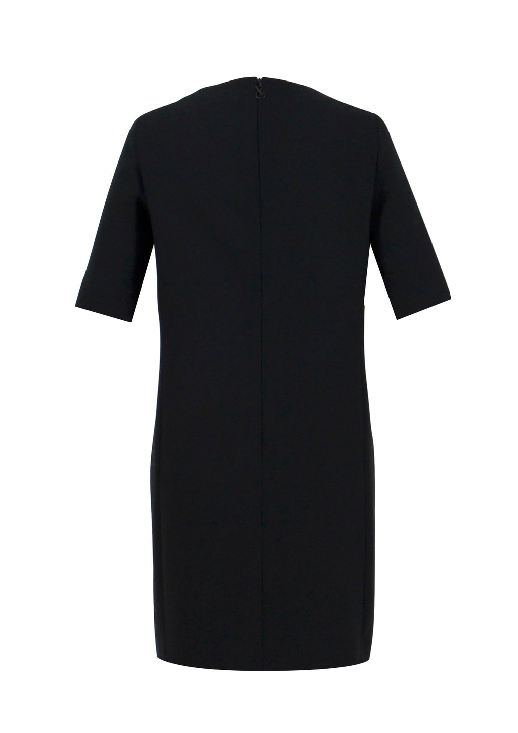 Schwarzes Multiplyfashion Shiftkleid mit 3/4 Arm, knielang aus Viskose-Mischgewebe mit verdecktem Reißverschluss und Blindstich Saum.