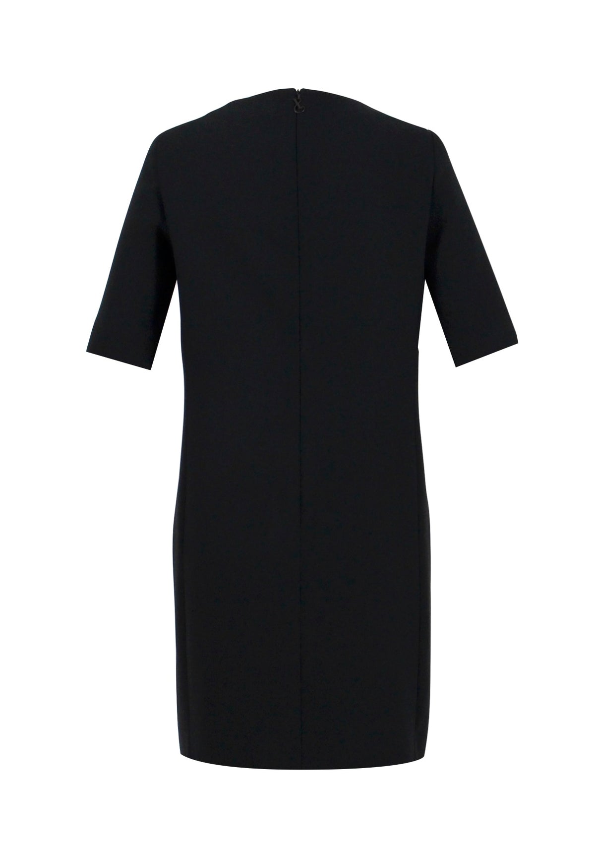 Schwarzes Multiplyfashion Shiftkleid mit 3/4 Arm, knielang aus Viskose-Mischgewebe mit verdecktem Reißverschluss und Blindstich Saum.