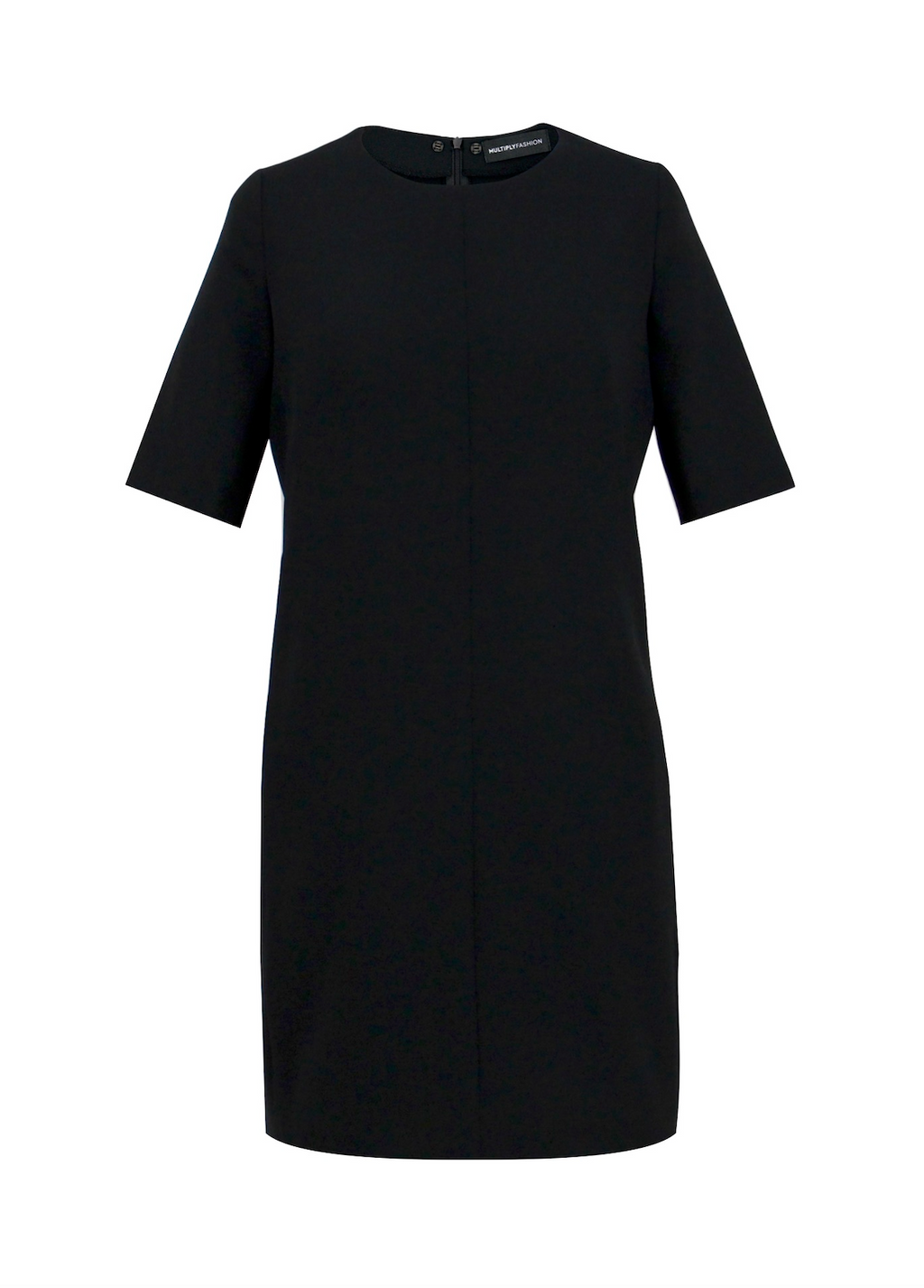 Schwarzes Multiplyfashion Shiftkleid mit 3/4 Arm, knielang aus Viskose-Mischgewebe mit Rundhalsausschnitt.