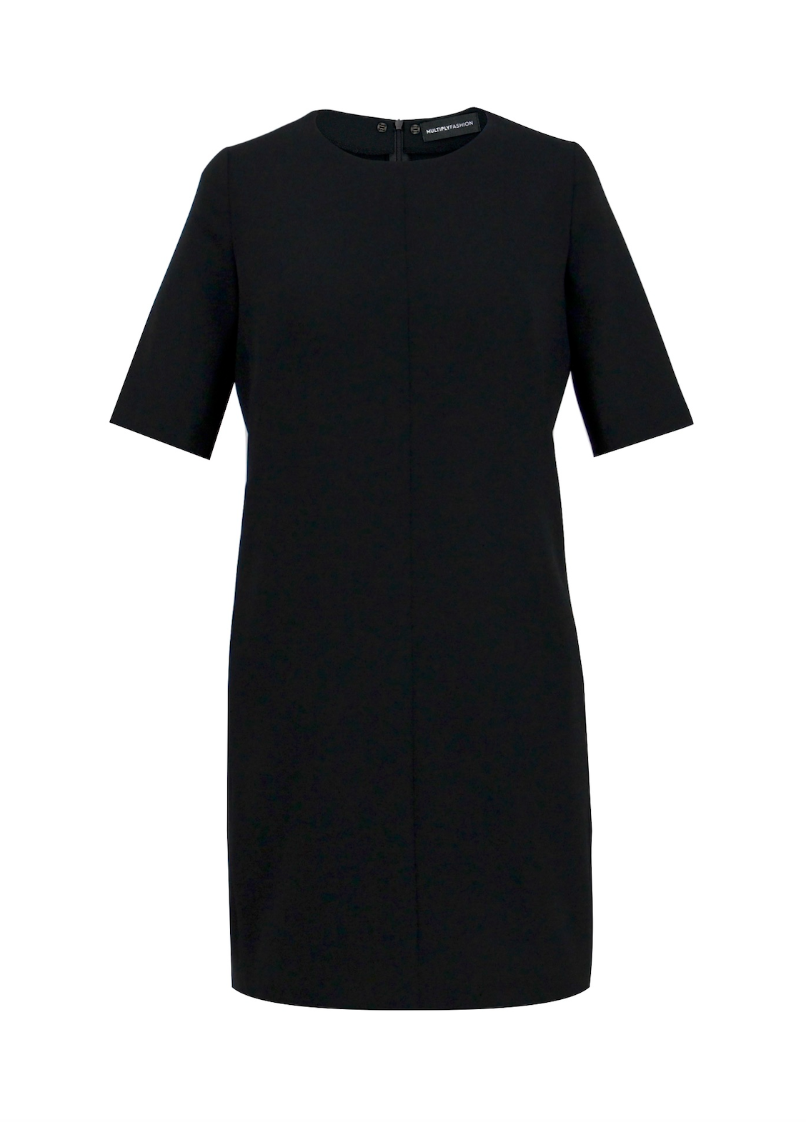 Schwarzes Multiplyfashion Shiftkleid mit 3/4 Arm, knielang aus Viskose-Mischgewebe mit Rundhalsausschnitt.