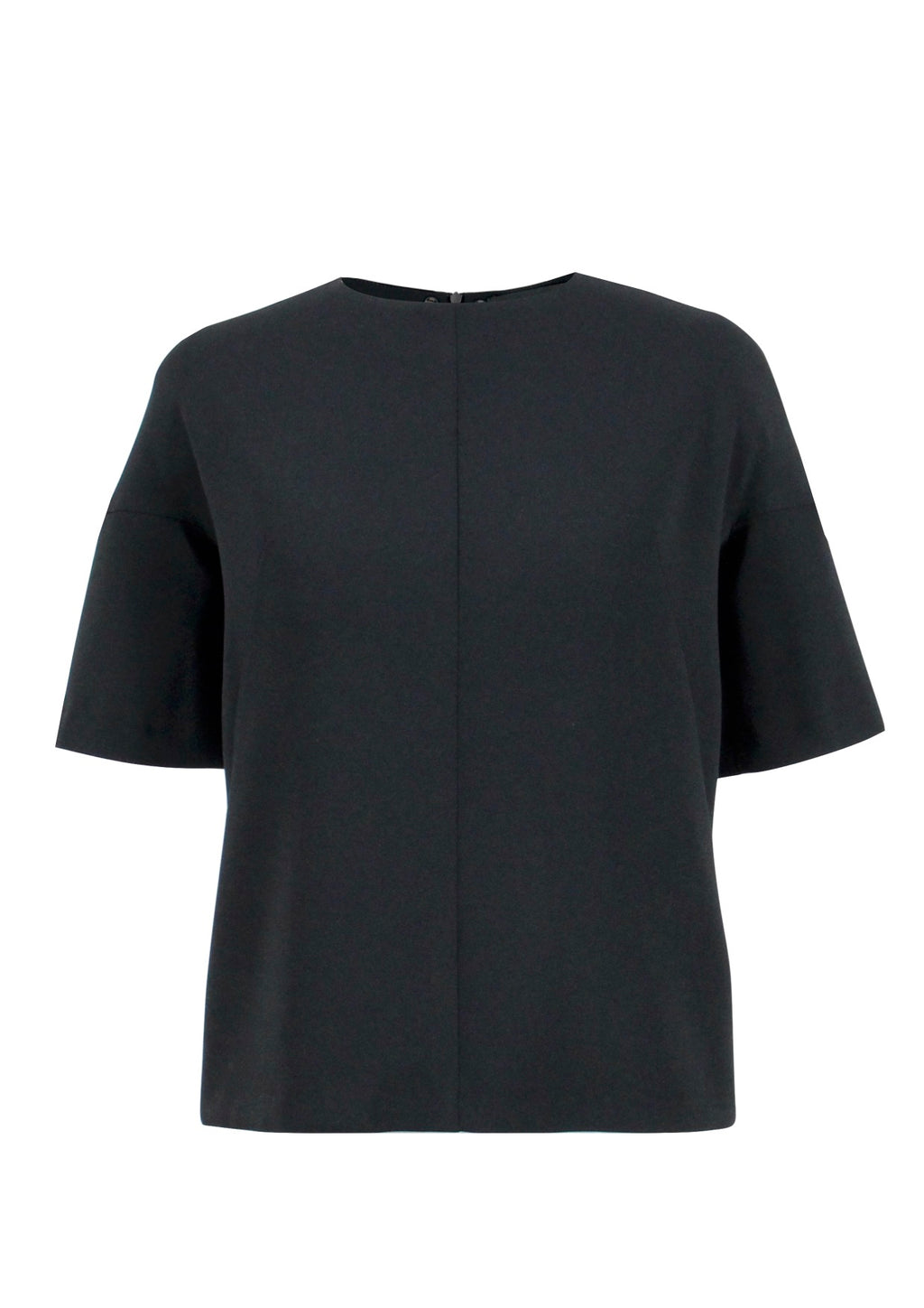 Schwarzes Multiplyfashion Shift Oberteil mit überschnittener Schulter und 3/4 Arm aus Viskose-Mischgewebe mit Rundhalsausschnitt.