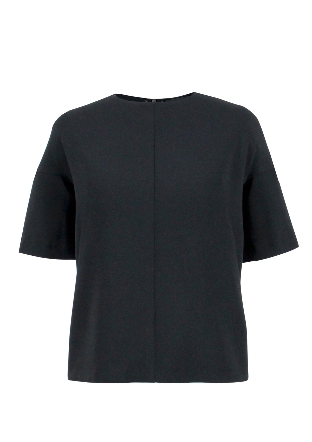 Schwarzes Multiplyfashion Shift Oberteil mit überschnittener Schulter und 3/4 Arm aus Viskose-Mischgewebe mit Rundhalsausschnitt.