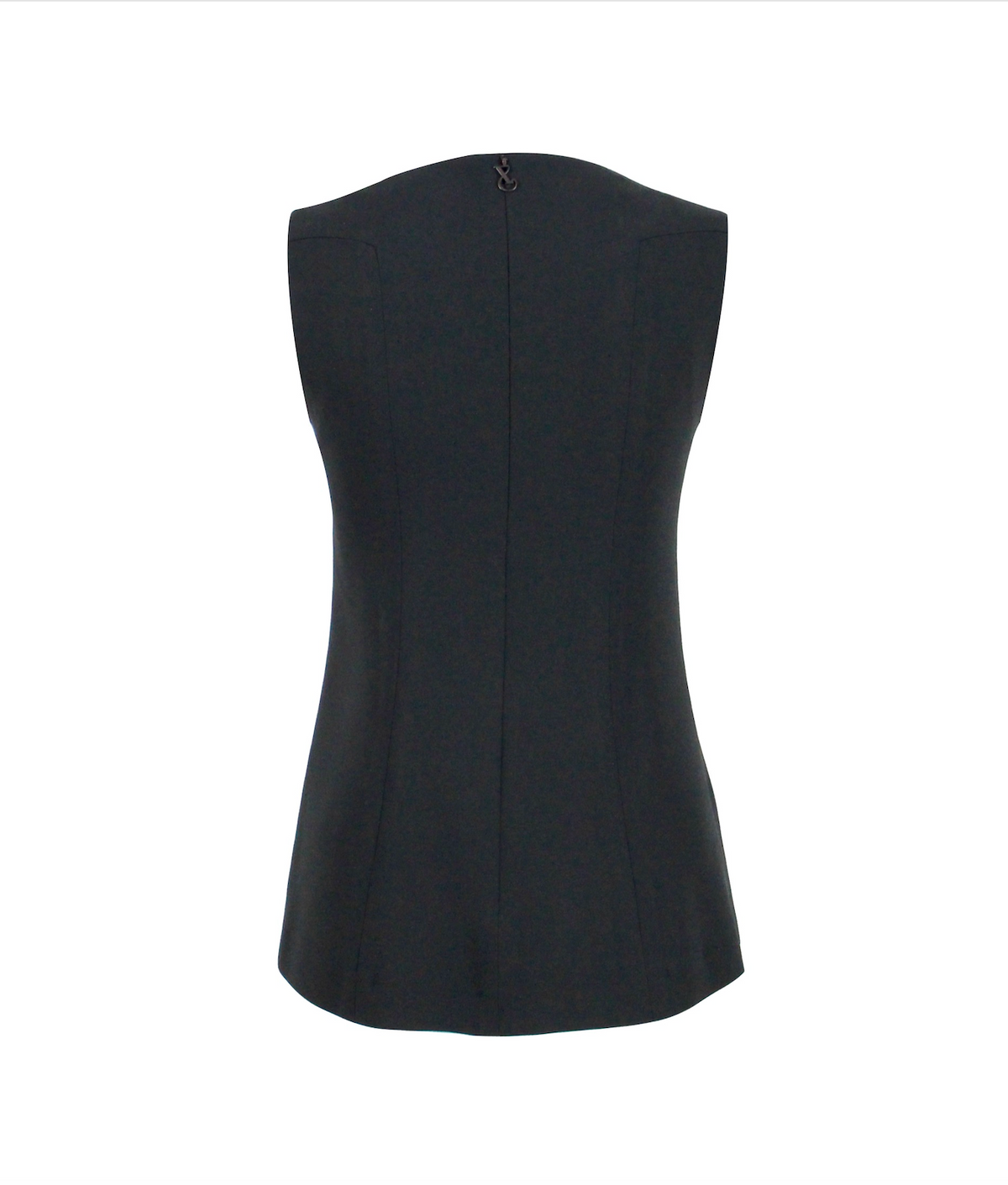 Schwarzes, ärmelloses Multiplyfashion Oberteil. Anliegendes Oberteil aus Viskose-Mischgewebe mit verdecktem Reißverschluss und seitlichen Schlitzen.