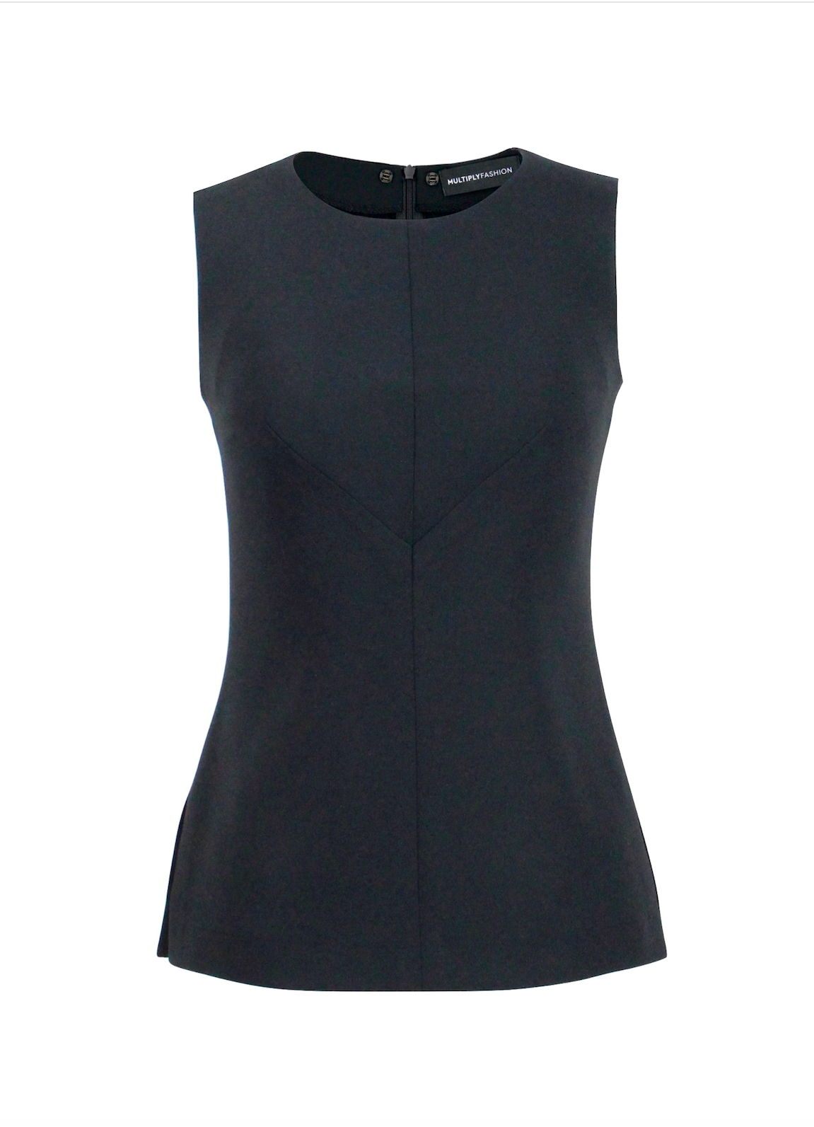 Schwarzes, ärmelloses Multiplyfashion Oberteil. Anliegendes Oberteil aus Viskose-Mischgewebe mit Rundhalsausschnitt.