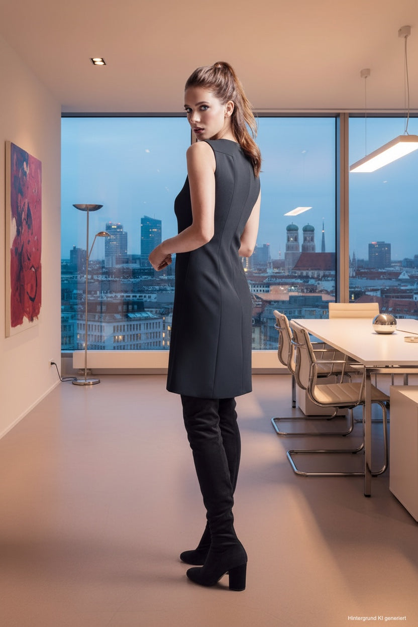Das Model trägt ein schwarzes, ärmelloses Multiplyfashion Etuikleid im eleganten Büro in München.
